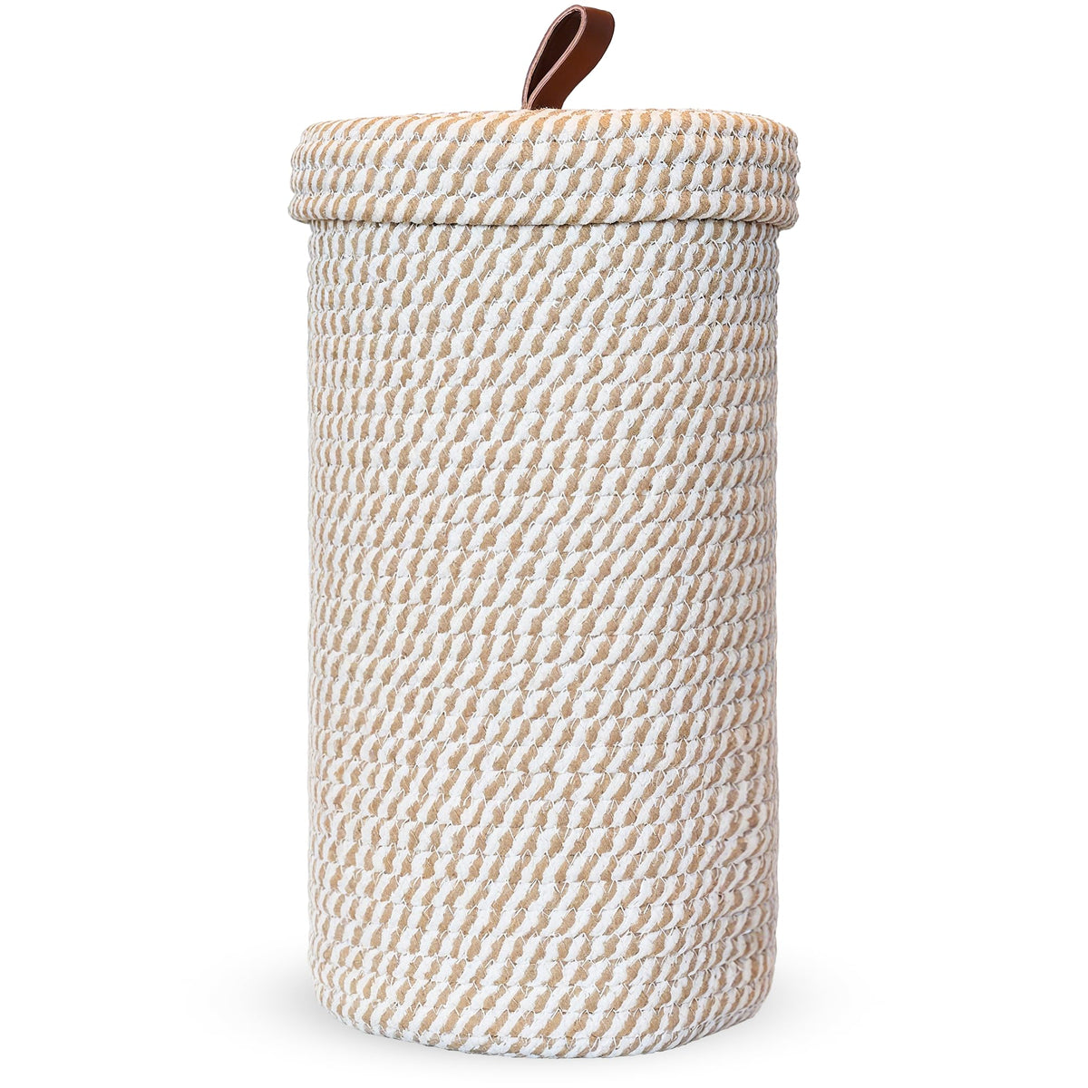 Handmade Cotton & Jute Toilet Paper Holder – Woven Toilet Paper Stand & Storage Basket with Lid, Freestanding Organizer for Bathroom, Fits 3 Mega Rolls 14" x 7''