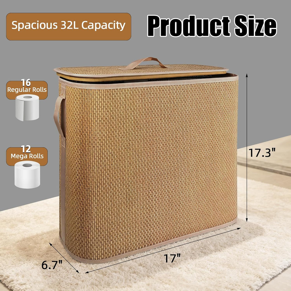 Bamboo Toilet Paper Storage Basket with Lid & Handle, 32L Large Capacity