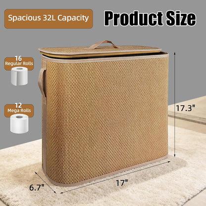 Bamboo Toilet Paper Storage Basket with Lid & Handle, 32L Large Capacity