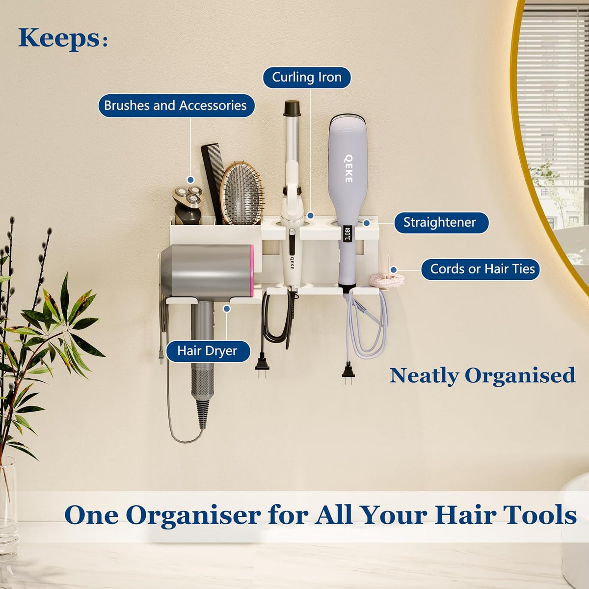 Qeke Hair Dryer Holder Wall Mounted, Bathroom Blow Dryer Holder, White
