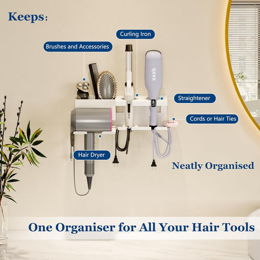 Qeke Hair Dryer Holder Wall Mounted, Bathroom Blow Dryer Holder, White