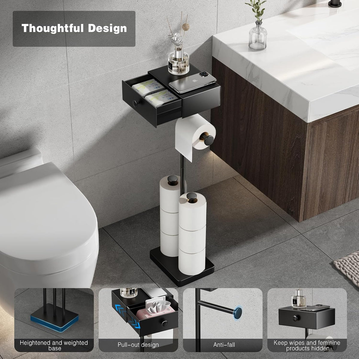 VOLDRA Toilet Paper Holder Stand with Shelf, Free Standing Black Toilet Paper Roll Holder with Wipes Storage Drawer Heavy Duty Floor Bathroom Tissue Holder Freestanding No Drill Tp Holder for 7 Rolls