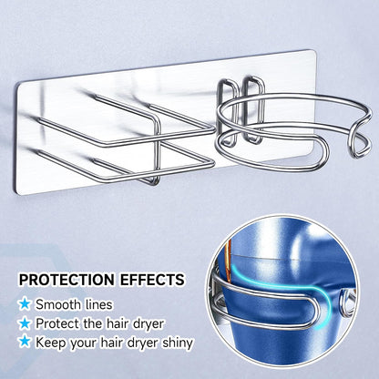 Blow Dryer and Straightener Holder, Metal Hair Dryer Holder Wall Mounted, No Drill Self Adhesive Hair Tool Organizer for Flat Iron, Hairdryer Holder for Bathroom Salon Vanity (Silver)