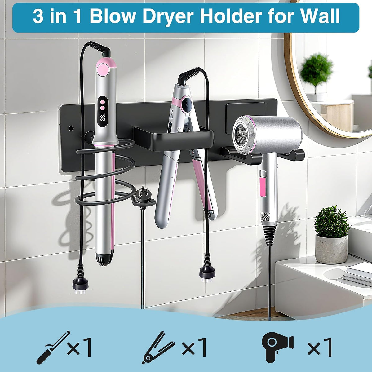 Hair Dryer Holder Hair Tool Organizer Metal Wall Mount(Matte Black)