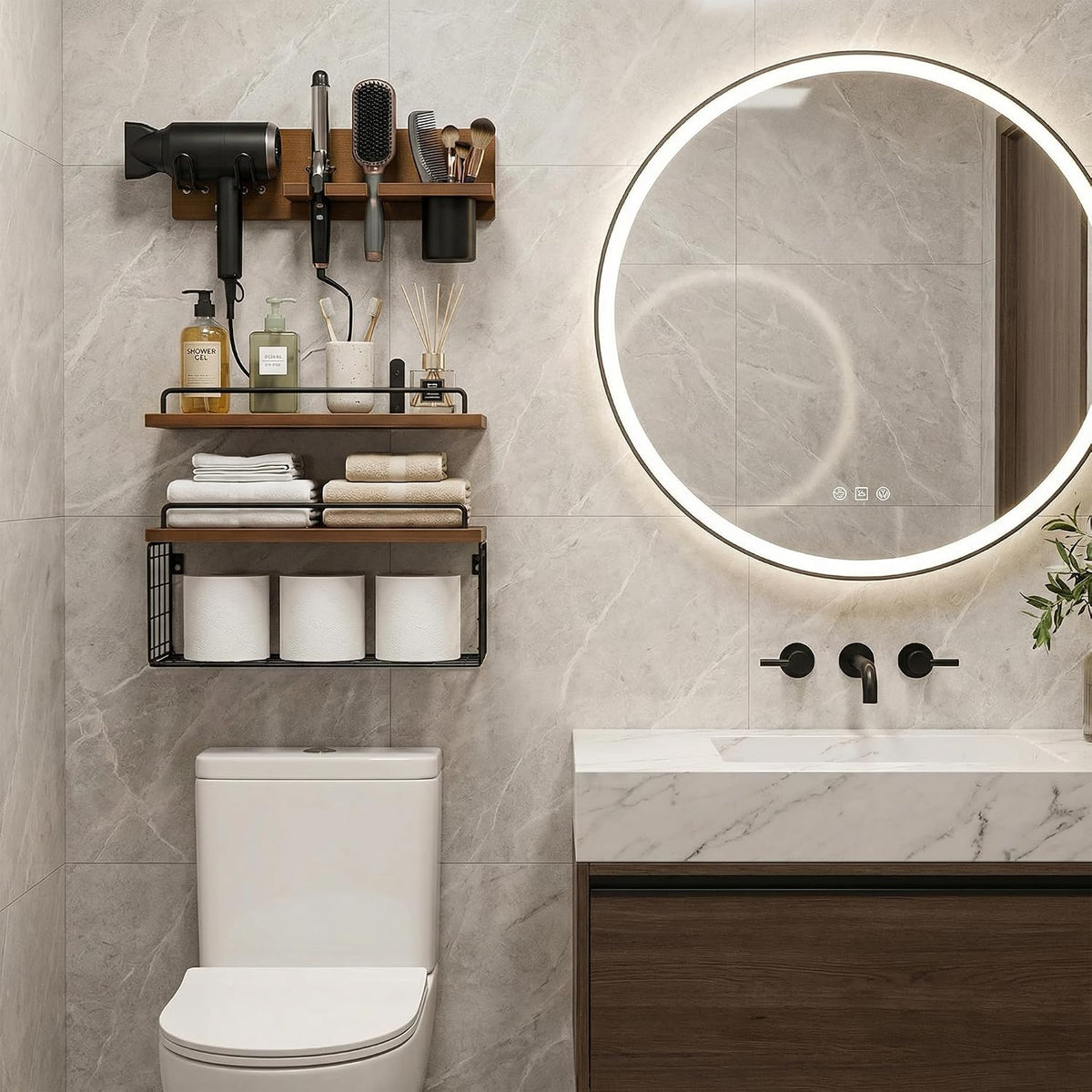 3-Tier Bathroom Floating Shelves with Hair Dryer Holder, Brown