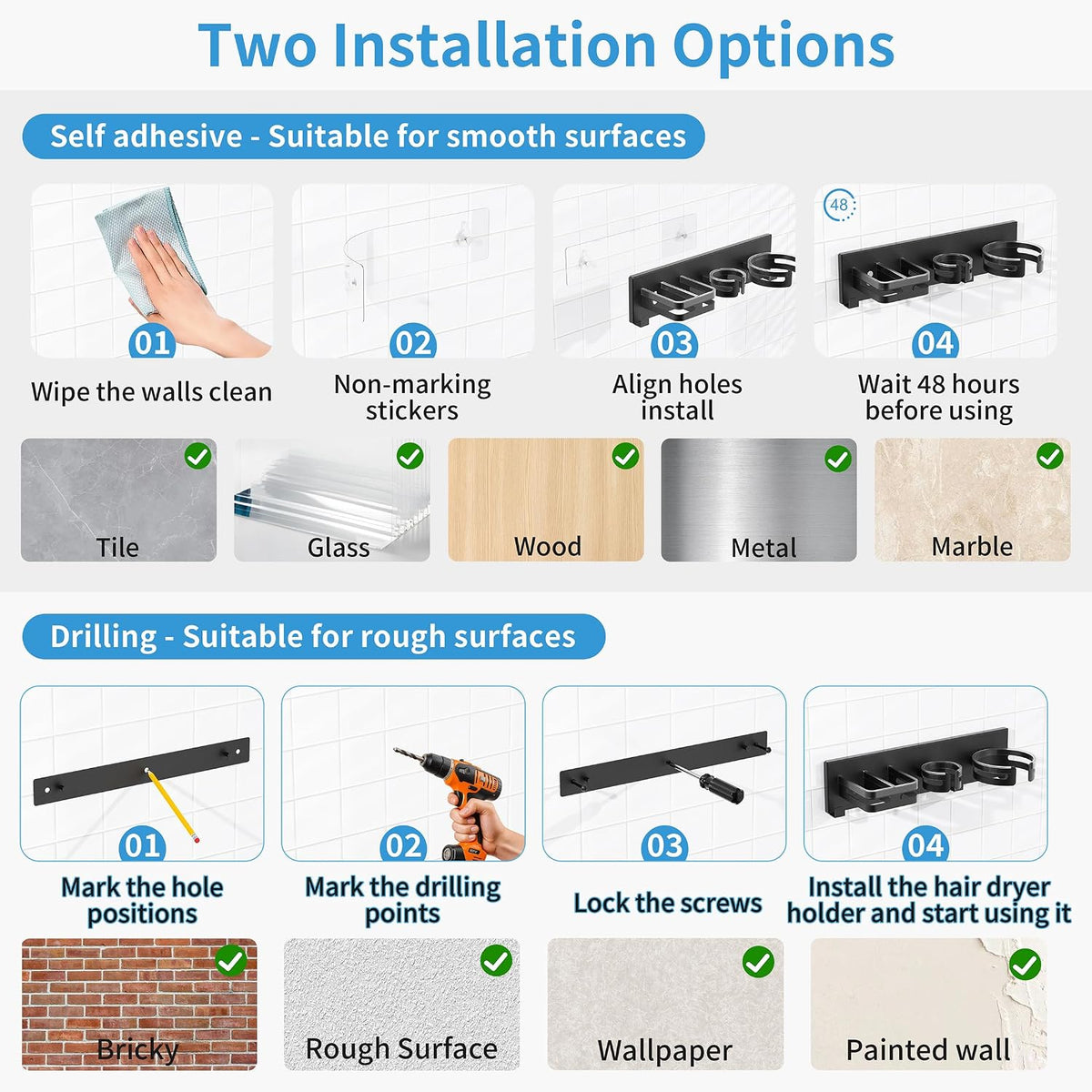 BOIVSHI Hair Dryer Holder Wall Mounted, Self-Adhesive or Drill Mount