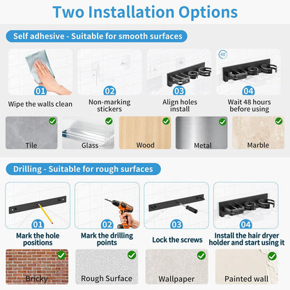 BOIVSHI Hair Dryer Holder Wall Mounted, Self-Adhesive or Drill Mount