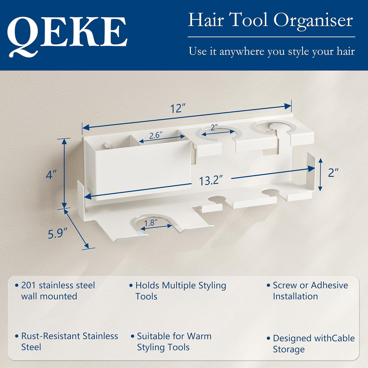 Qeke Hair Dryer Holder Wall Mounted, Bathroom Blow Dryer Holder, White