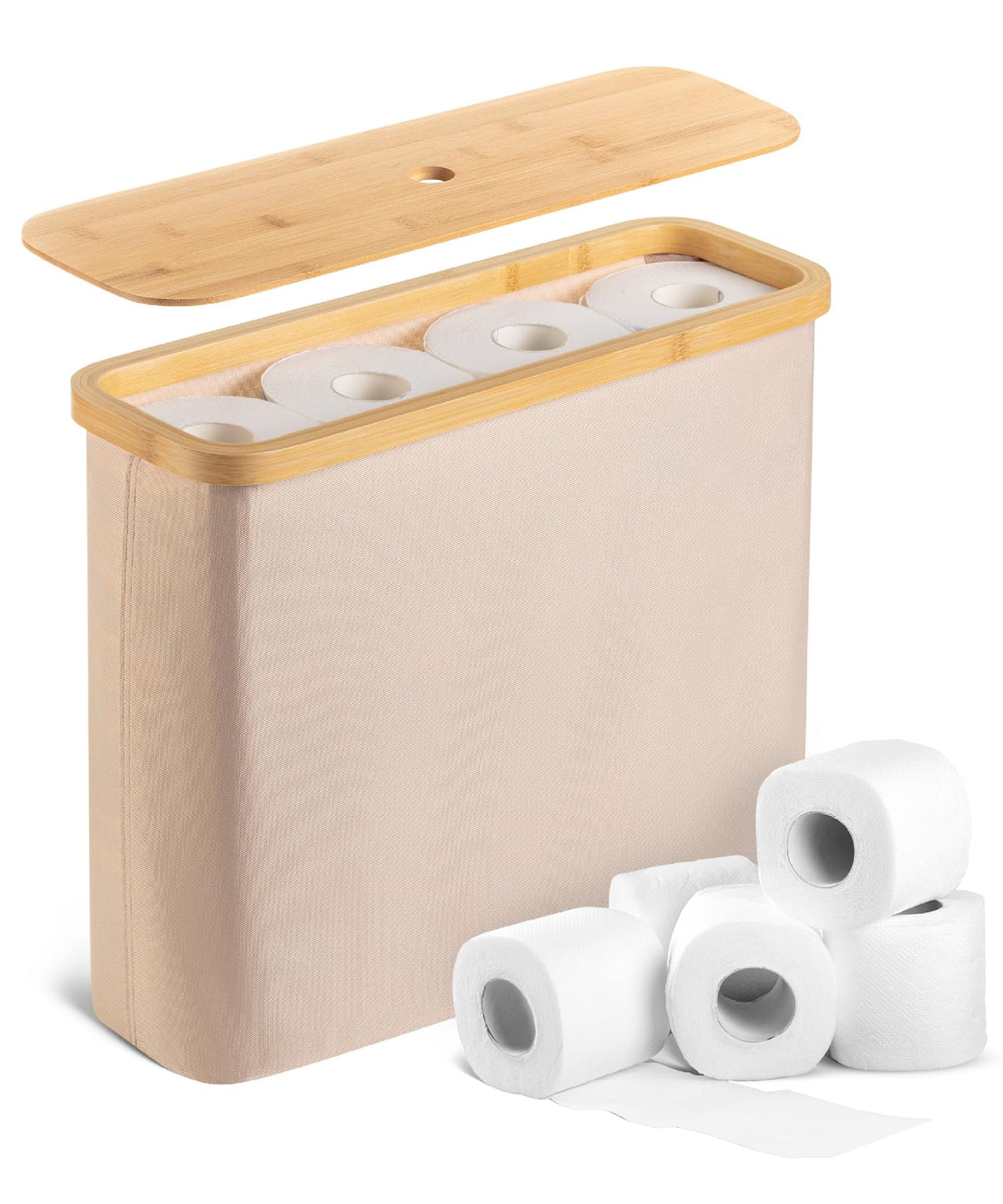BAMBOO LAND- Toilet Paper Storage with Bamboo Lid for 12 Rolls, Beige, Waterproof Bamboo Toilet Paper Holder Basket