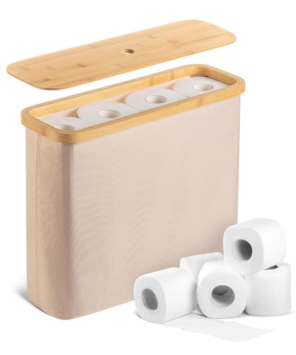 BAMBOO LAND- Toilet Paper Storage with Bamboo Lid for 12 Rolls, Beige, Waterproof Bamboo Toilet Paper Holder Basket