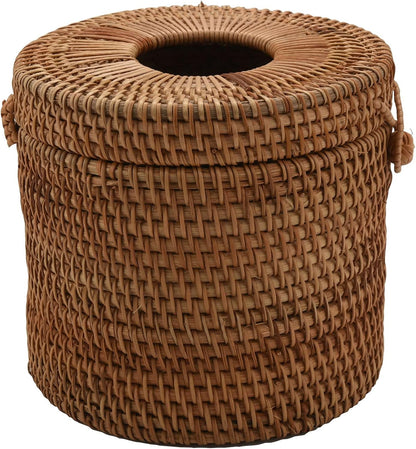 Round Rattan Tissue Box Vine Roll Holder Toilet Paper Cover Dispenser for Barthroom,Home,Hotel and Office