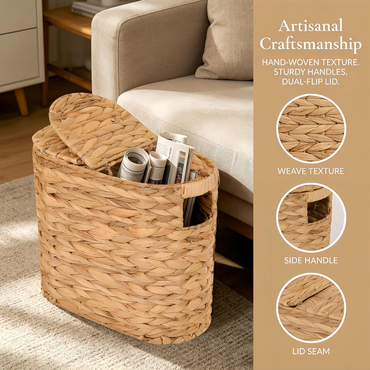 Wicker Toilet Paper Storage Basket with Lid for 4 Rolls,Natural