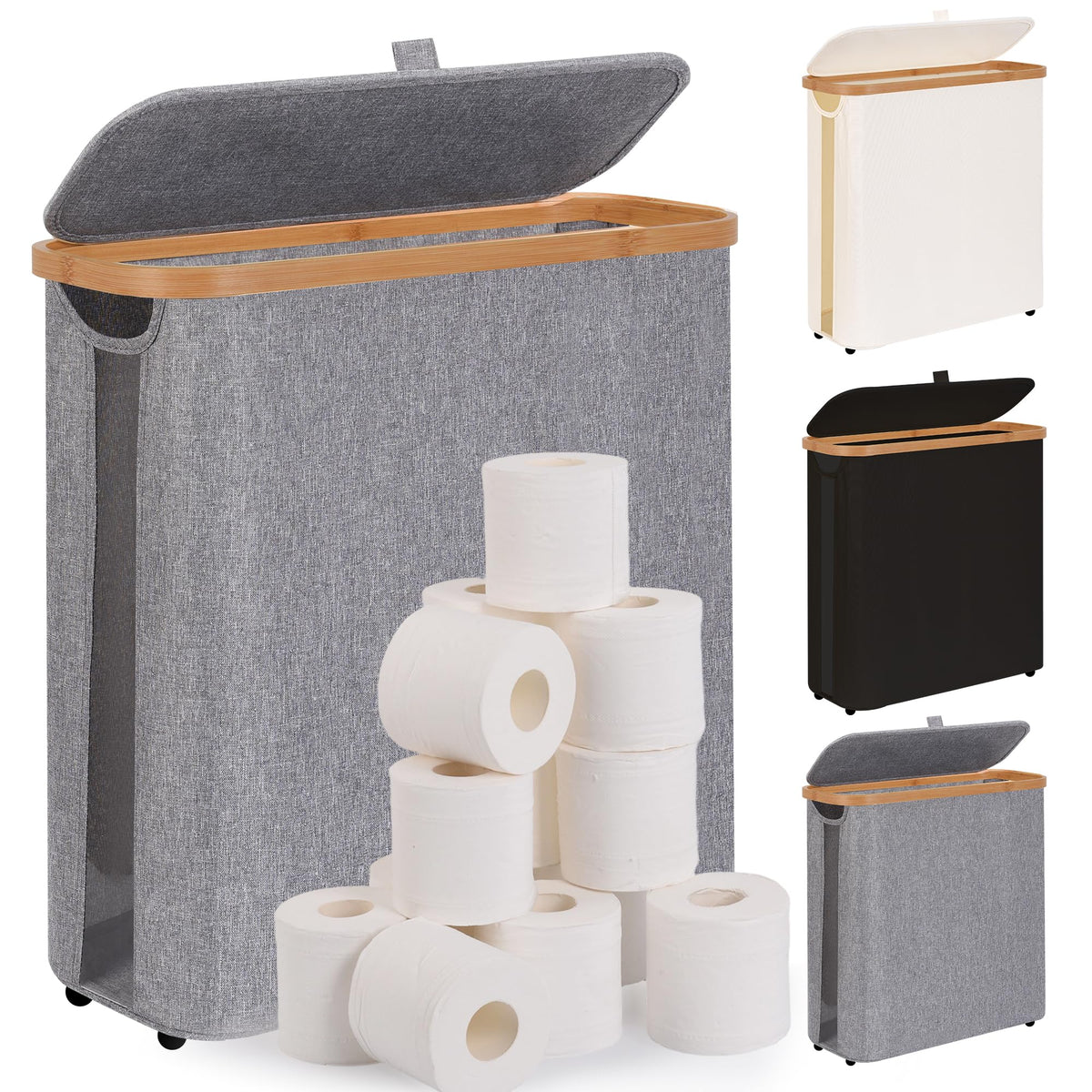 Toilet Paper Storage Basket with Lid - The Ultimate Bathroom Organizer, Free Standing Toilet Paper Holder for Up to 9 Mega Rolls, Toilet Tissue Storage Bin with Handle for RV Closet, Black