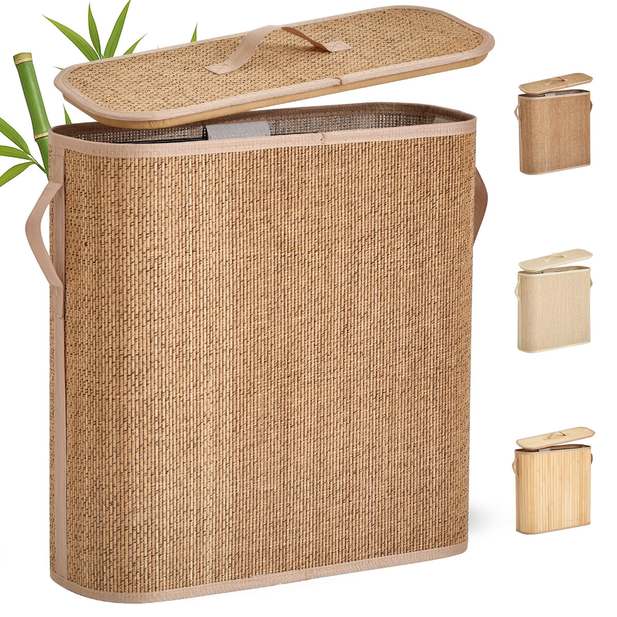 Bamboo Toilet Paper Storage Basket with Lid & Handle - 10L Handwoven Bathroom Organizer for 4 Rolls - Sturdy Stand Holder for Toilet Paper Organization, Light Natural