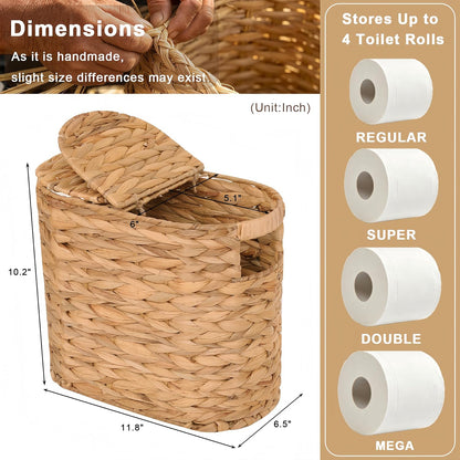 Wicker Toilet Paper Storage Basket with Lid for 4 Rolls,Natural