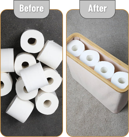 BAMBOO LAND- Toilet Paper Storage with Bamboo Lid for 12 Rolls, Beige, Waterproof Bamboo Toilet Paper Holder Basket