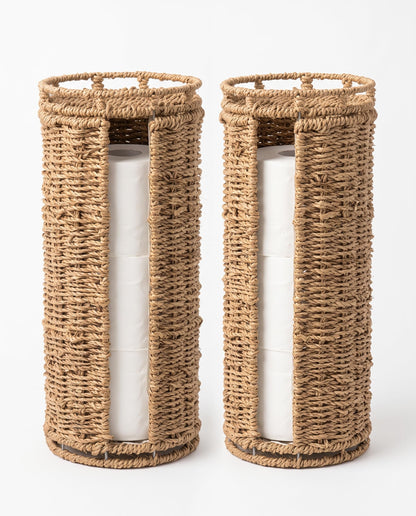 Extra Toilet Paper Storage with Lid and Liner Holds 3-4 MEGA Rolls, Water Hyacinth Ratten Toilet Paper Holder Free Stand Decorative Boho Covered Enclosed Tissue Organizer for Bathroom