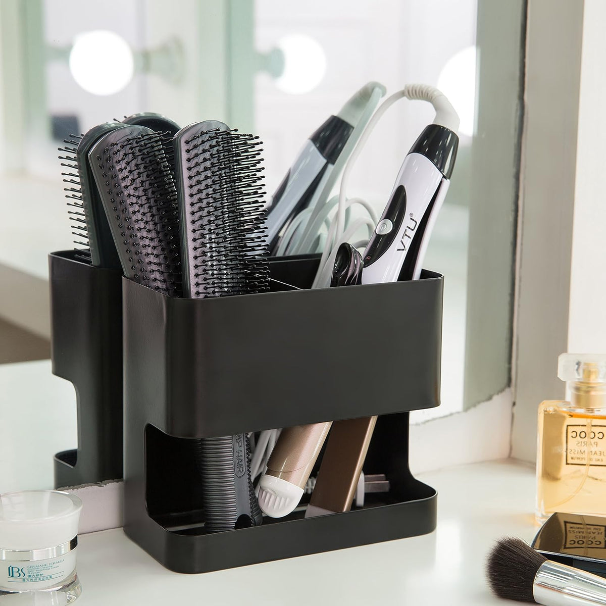 MyGift 2 Slot Hair Tools Organizer, Black Metal Wall Mounted Holder