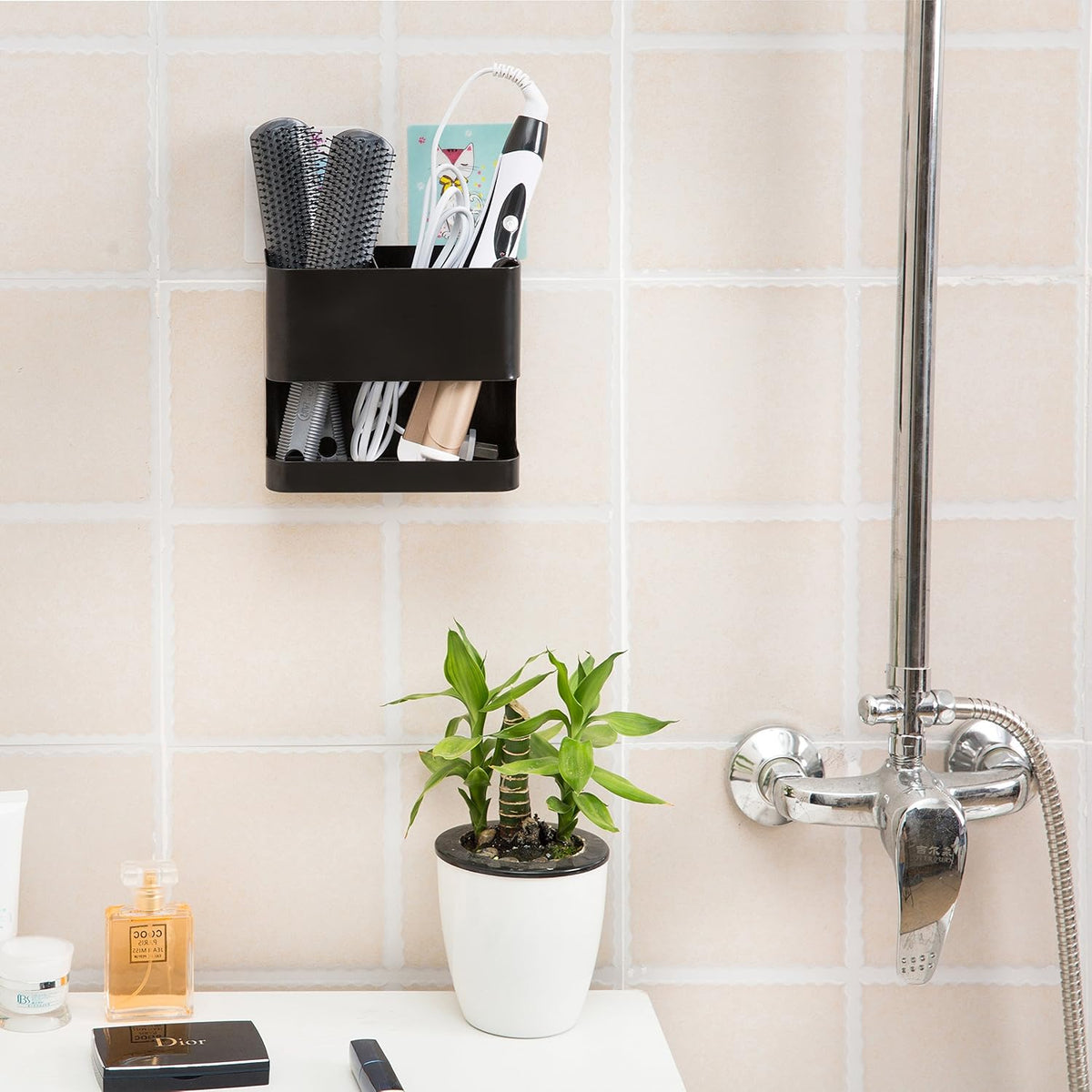 MyGift 2 Slot Hair Tools Organizer, Black Metal Wall Mounted Holder