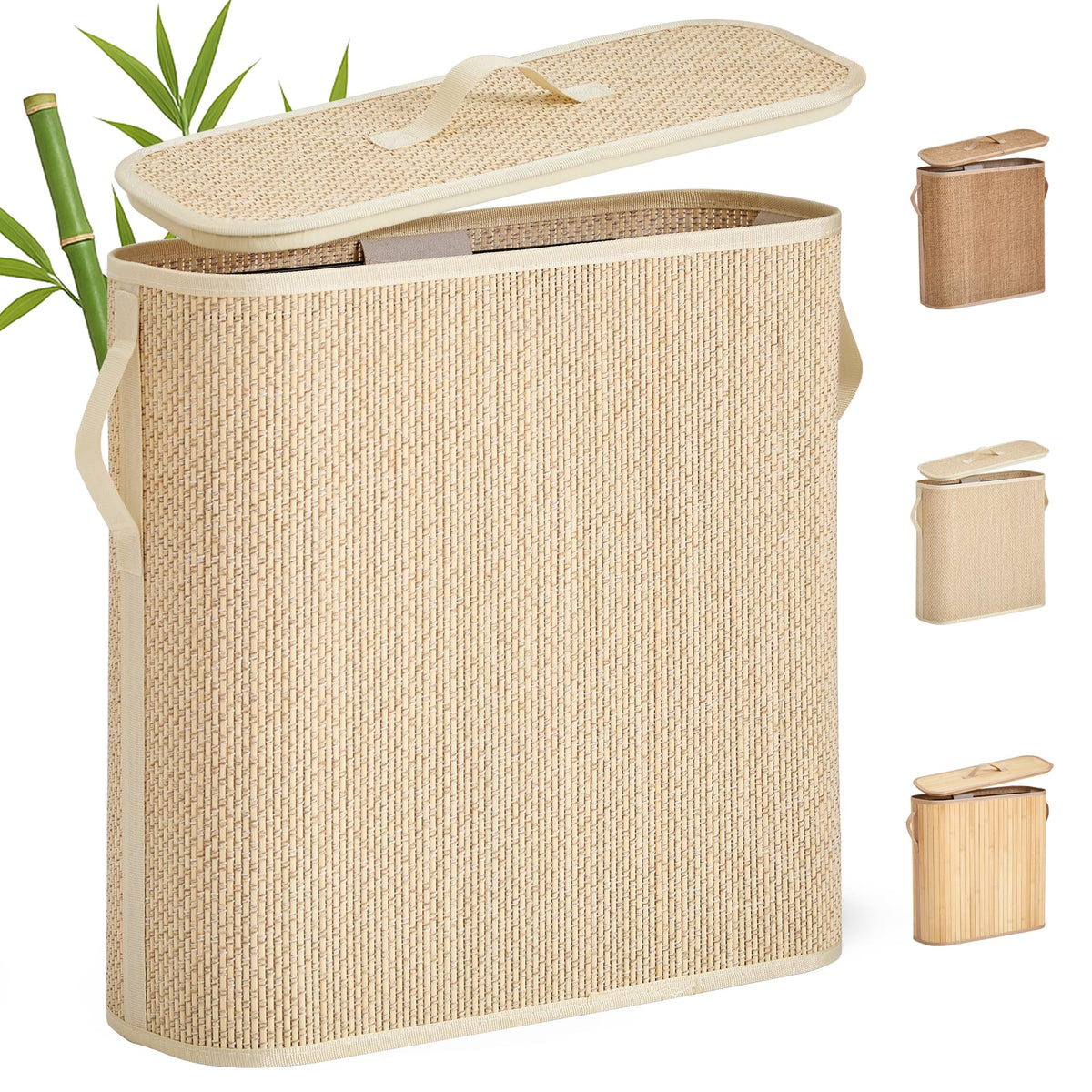 Bamboo Toilet Paper Storage Basket with Lid & Handle - 10L Handwoven Bathroom Organizer for 4 Rolls - Sturdy Stand Holder for Toilet Paper Organization, Light Natural