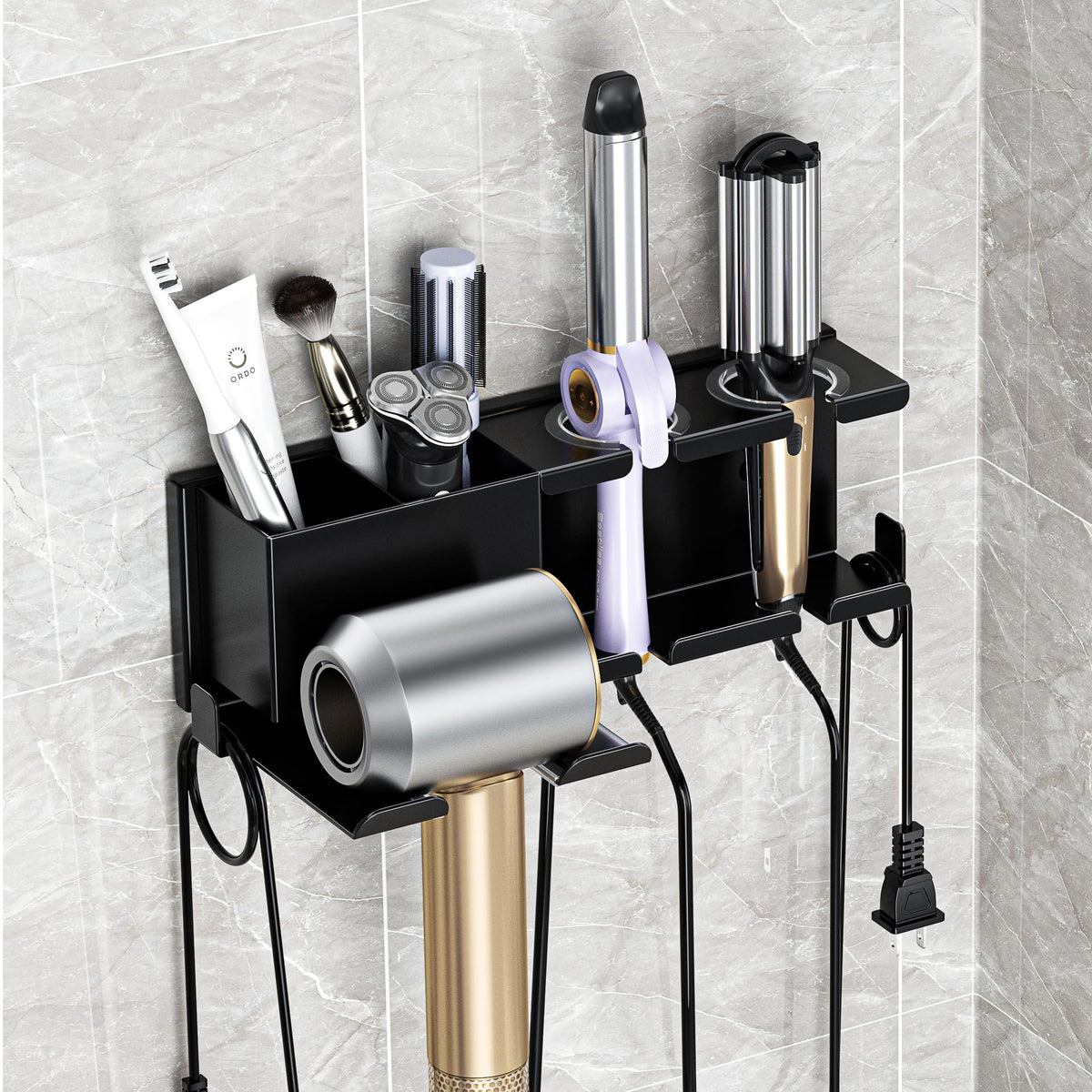 Hair Dryer Holder, Hair Tool Organizer Wall Mount, Adhesive or Drill, White